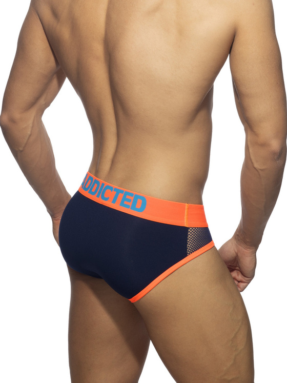 Neonowe slipy męskie z przewiewnej siateczki | Granatowy | Neon Mesh Brief | Addicted | AD1218