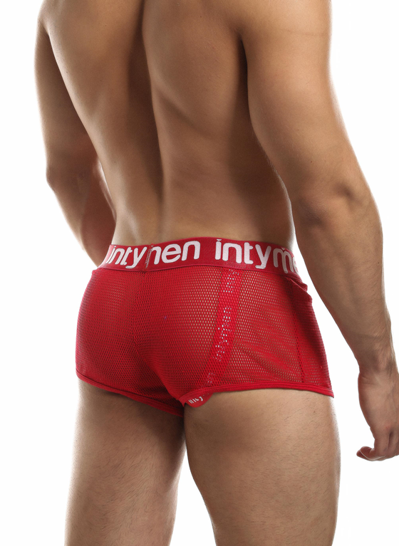 Siateczkowe bokserki męskie z wbudownym jockstrapem | Czerwone | Mesh Jock Trunk | INTYMEN | ING066