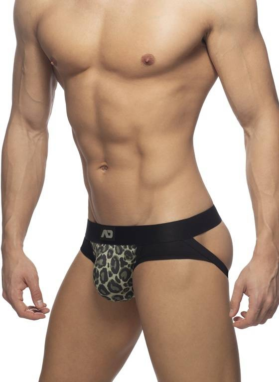 Jockstrap męski z wstawką w zwierzęcy wzór | Czarny/Zielony | Leo stripe Jock | ADDICTED | AD980