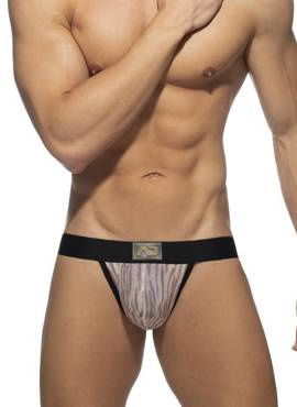 Jockstrap męski z wstawką w zwierzęcy wzór | Beżowy | Tiger print Jock | ADDICTED | AD975