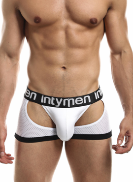 Gładki jockstrap męskie z siateczkowymi nogawkami i grubą gumą | Biały | All Out Jockstrap | INTYMEN | INE019