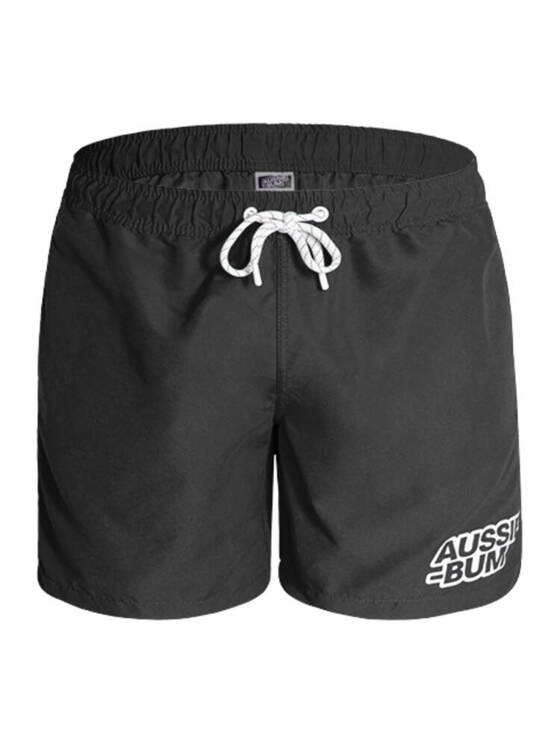 Długie gładkie kąpielówki męskie shorty ze ściągaczem | Czarne | BeachBar Black | AussieBum