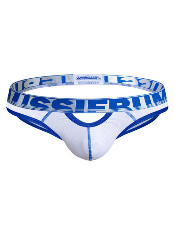 Gładki jockstrap męski z grubą gumą i wycięciem z przodu | Biały | Riot 2.0 White | AussieBum