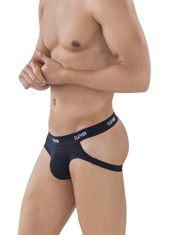 Gładki jockstrap męski z wycięciami po bokach | Czarny | Oporto | CLEVER MODA | 0878