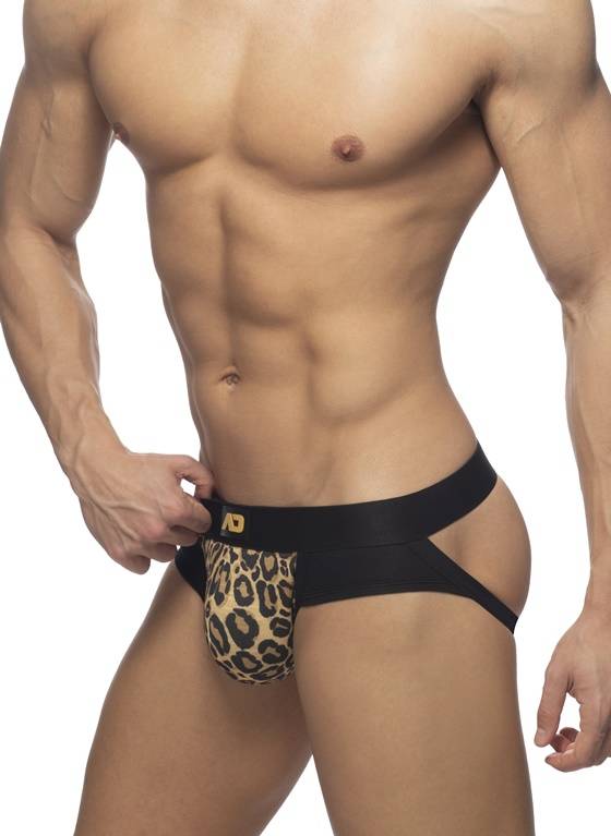 Jockstrap męski z wstawką w zwierzęcy wzór | Czarny/Żółty | Leo stripe Jock | ADDICTED | AD980