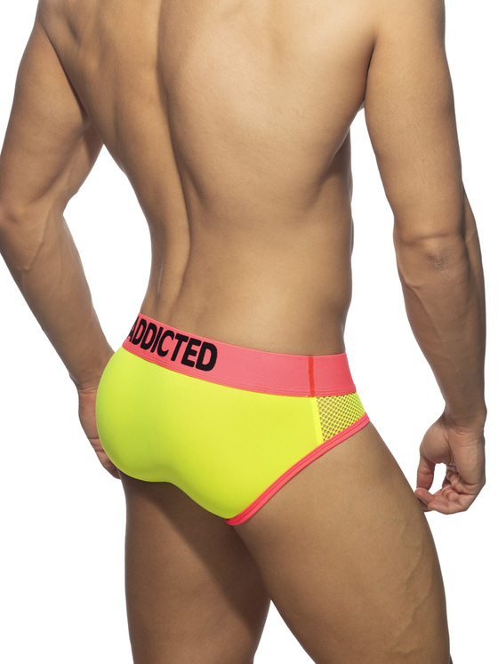 Neonowe slipy męskie z przewiewnej siateczki | Żółty | Neon Mesh Brief | Addicted | AD1218