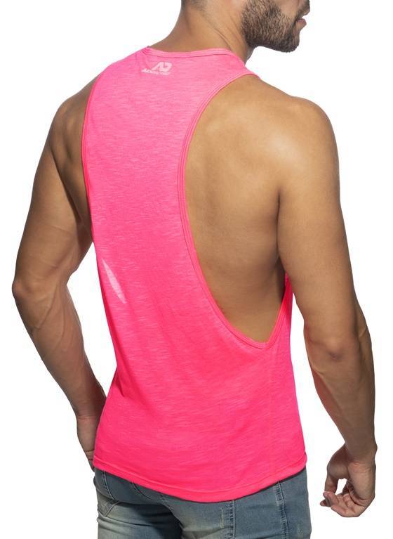 Przewiewny neonowy top męski z głębokim wycięciem | Różowy | Thin Flame Neon Pink | Addicted |  AD1108