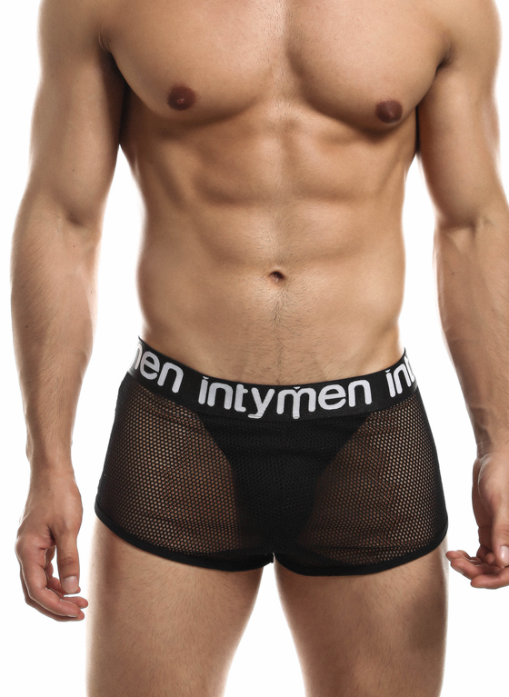 Siateczkowe bokserki męskie z wbudownym jockstrapem | Czarne | Mesh Jock Trunk | INTYMEN | ING066