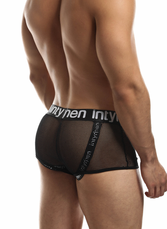 Siateczkowe bokserki męskie z wbudownym jockstrapem | Czarne | Mesh Jock Trunk | INTYMEN | ING066