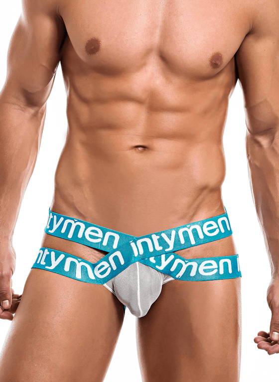 Siateczkowy Jockstrap z grubą gumą z logo | biało-niebieski | Cross Jockstrap | INTYMEN | INE017