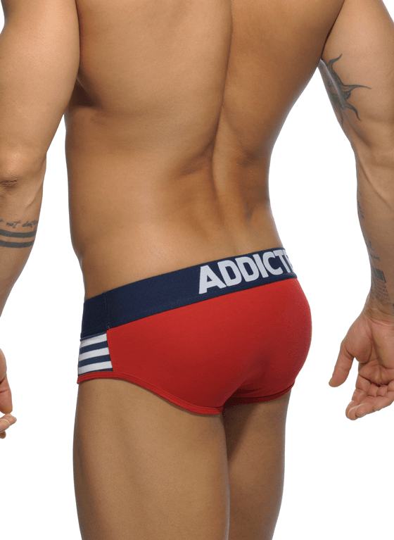 Slipy męskie z marynarskimi paskami po bokach | Czerowne | Sailor Stripes brief | ADDICTED | AD510