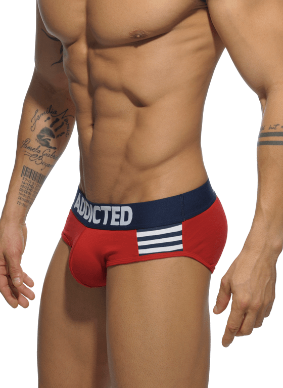 Slipy męskie z marynarskimi paskami po bokach | Czerowne | Sailor Stripes brief | ADDICTED | AD510