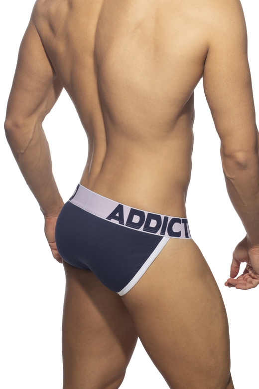 gładkie bikini męskie z grubą gumą z logo | Granatowy | Open Fly Cotton Bikini | Addicted | AD1204